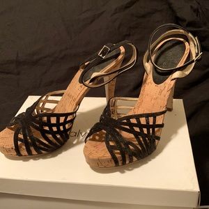 Calvin Klein black strappy cork stilettos